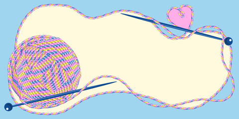Background with a multi-colored rainbow ball of yarn and knitting needles on a blue and pink background with a heart.