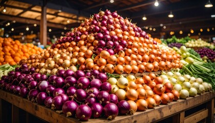 Colorful onions stacked high in a market