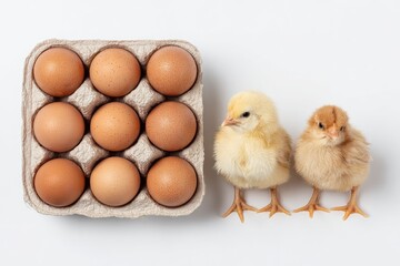 Nine eggs in a carton are next to two fluffy chicks on a plain white background