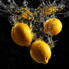 lemons falling into the water water splashes black solid background illustration small details 8k