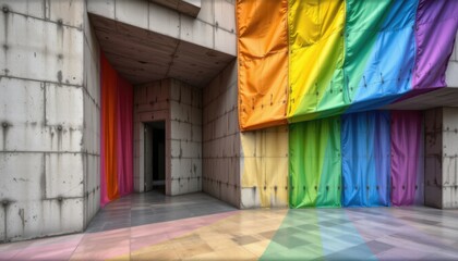 a cultural architectural lgbt pride background featuring brutalist concrete forms with rainbow accents, on silk with metallic pride highlights, for heritage conscious pride posters.