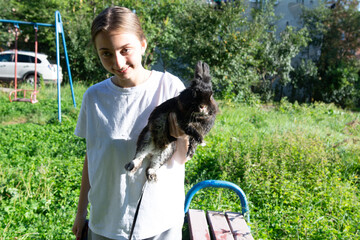 Girl holding a fluffy rabbit in a park. A sunny day outdoors.