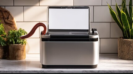 Portable kitchen appliance screen open, power cable, sunlight