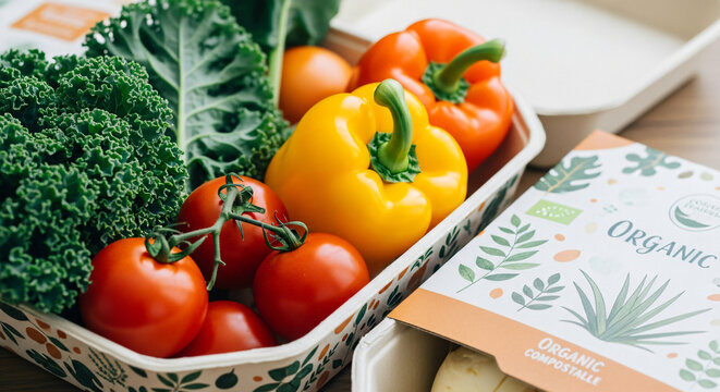 Fresh colorful bell peppers and tomatoes in a basket with kale and a meal prep container - Powered by Adobe