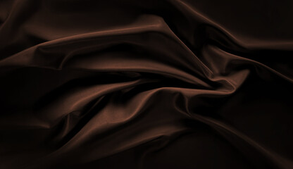 Chocolate coffee brown silk satin sleek fabric. Studio shot. Close up. Rich and sophisticated textile background. Wavy folds. Elegant drape. Umber, wood, espresso,  carob, walnut, brunette, deep.
