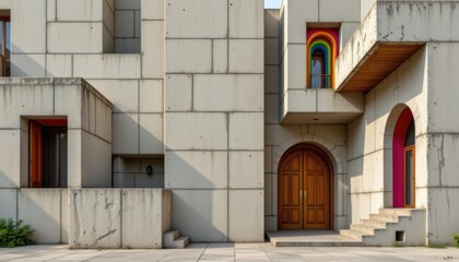 a cultural architectural lgbt pride background featuring brutalist concrete forms with rainbow accents, with carved wood and pride inlays, designed for traditional meets modern pride events.