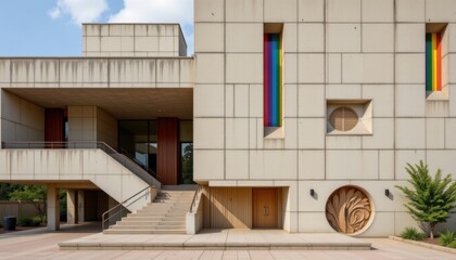a cultural architectural lgbt pride background featuring brutalist concrete forms with rainbow accents, with carved wood and pride inlays, used in academic and historical pride publications.