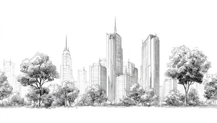 Pencil sketch of city skyline with trees (2)