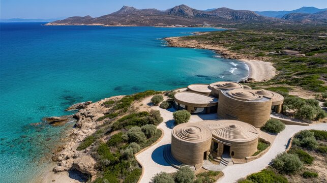 Aerial view of a coastal complex of circular, light-brown structures nestled on a rocky hillside overlooking a turquoise sea and sandy beach, backed by mountains under a clear blue sky - Powered by Adobe