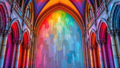 a cultural architectural lgbt pride background featuring gothic cathedral arches in rainbow lighting, on hand painted ceramic textures, used in global pride art exhibitions.