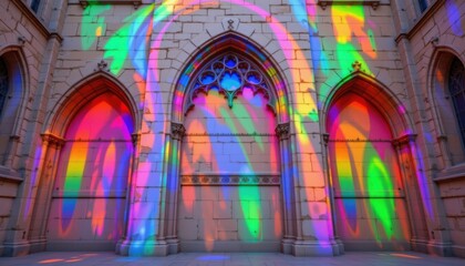 a cultural architectural lgbt pride background featuring gothic cathedral arches in rainbow lighting, on polished sandstone walls with soft rainbow overlays, crafted for intercultural pride festivals.