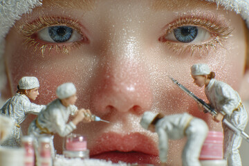 Woman's face with miniature medical team