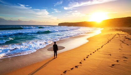 Coastal Serenity: A lone surfer contemplates the ocean at sunset a perfect day for adventure