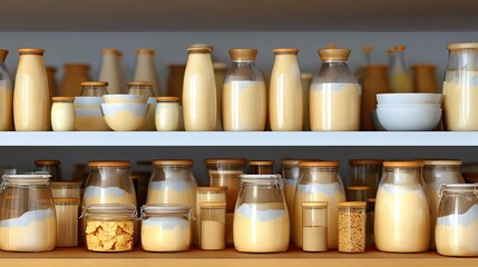 Pantry shelf; milk, cream, jars, bottles, food storage