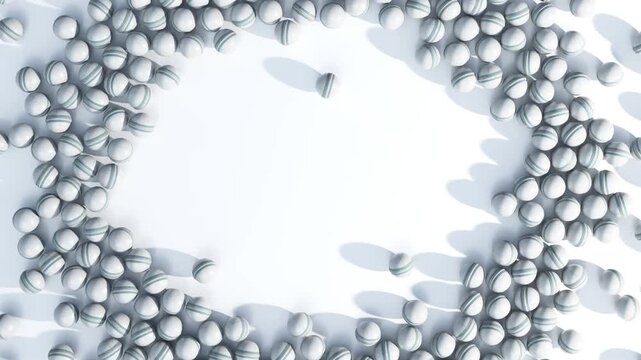 A large array of randomly spaced white cricket sports balls gathering up to create a clear circular area in the centre of the screen 