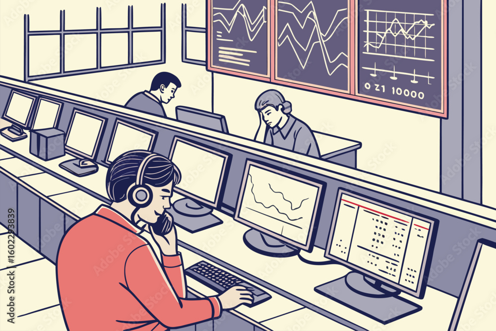 Poster individuals engaged in financial analysis and trading within a modern office environment featuring m