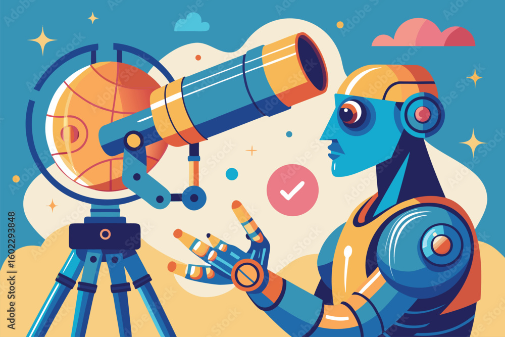 Poster robotic figure observing celestial objects through a telescope in a colorful cosmic setting with pla