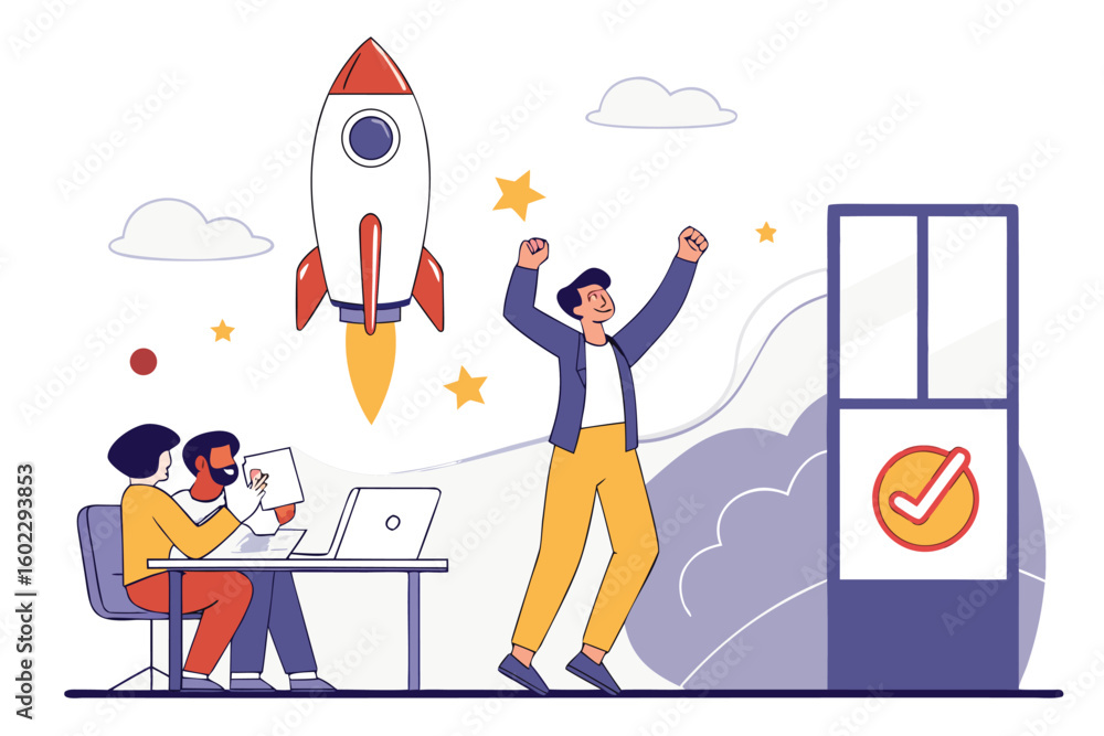 Poster excited team celebrates successful launch in modern workspace with rocket and digital checkmark