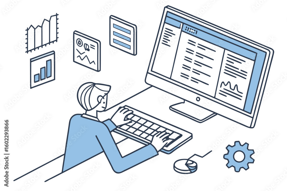 Poster professional working at a computer with graphs and data visualizations on screen in a modern office 