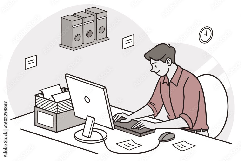 Poster individual working diligently at a desk in an office setting during the day, focused on a computer w