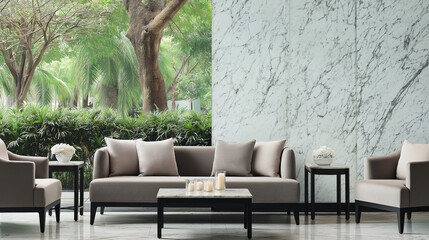 Contemporary lounge featuring a minimalist sofa and marble accents, showcasing clean lines and sophisticated design.