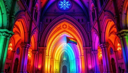 a cultural architectural lgbt pride background featuring gothic cathedral arches in rainbow lighting, on silk with metallic pride highlights, used in cultural center pride invitations.