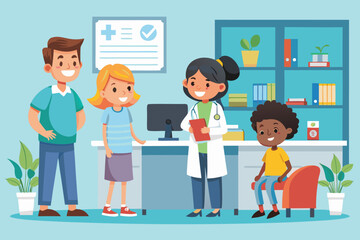 Friendly healthcare scene with a doctor, two children, and a parent in a bright and colorful clinic setting