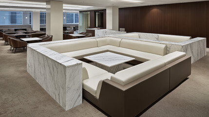 Contemporary lounge featuring a minimalist sofa and marble accents, showcasing clean lines and sophisticated design.