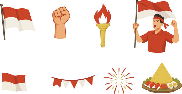 Set of independence day, flag, fire, arm,thumb,food,firewok