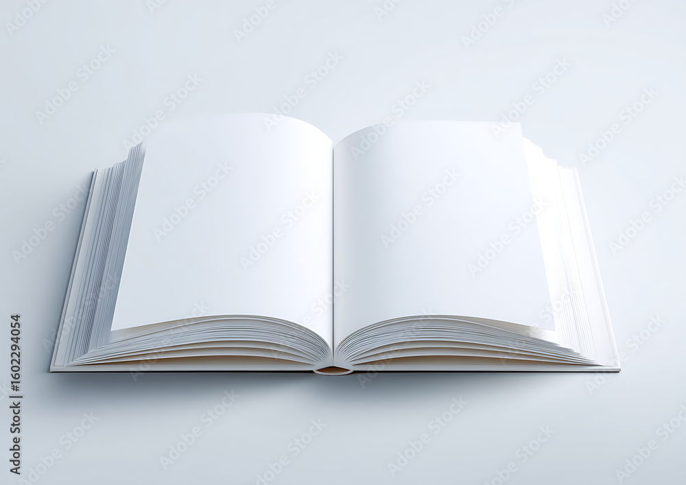 Poster open book with blank white pages lying on a white surface creating a minimalist and clean presentati