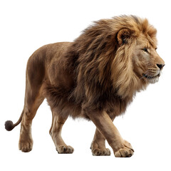 Obraz premium Lion side profile walking with majestic mane and strong posture and powerful wildlife energy and isolated white background Batch realistic clean bright simple modern stock image isolated on plain b