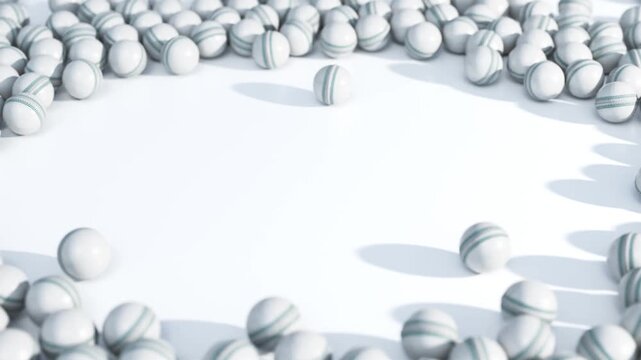 A large array of randomly spaced white cricket sports balls gathering up to create a clear circular area in the centre of the screen 