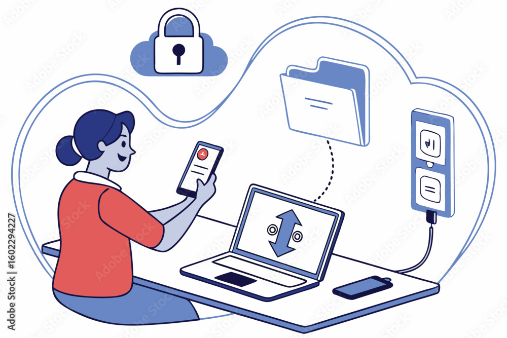 Poster person using a smartphone while securing files with a laptop in a modern workspace focused on digita