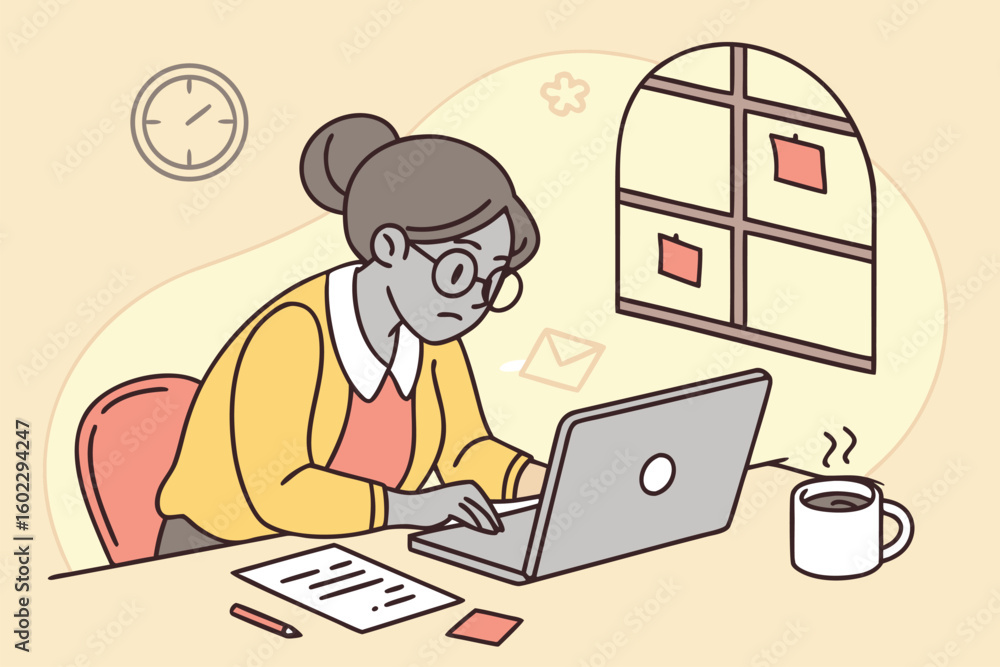 Poster focused individual working at a desk with a laptop and coffee cup while surrounded by notes and a cl