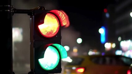 Night traffic signal transitioning from red to green, blurred city background.