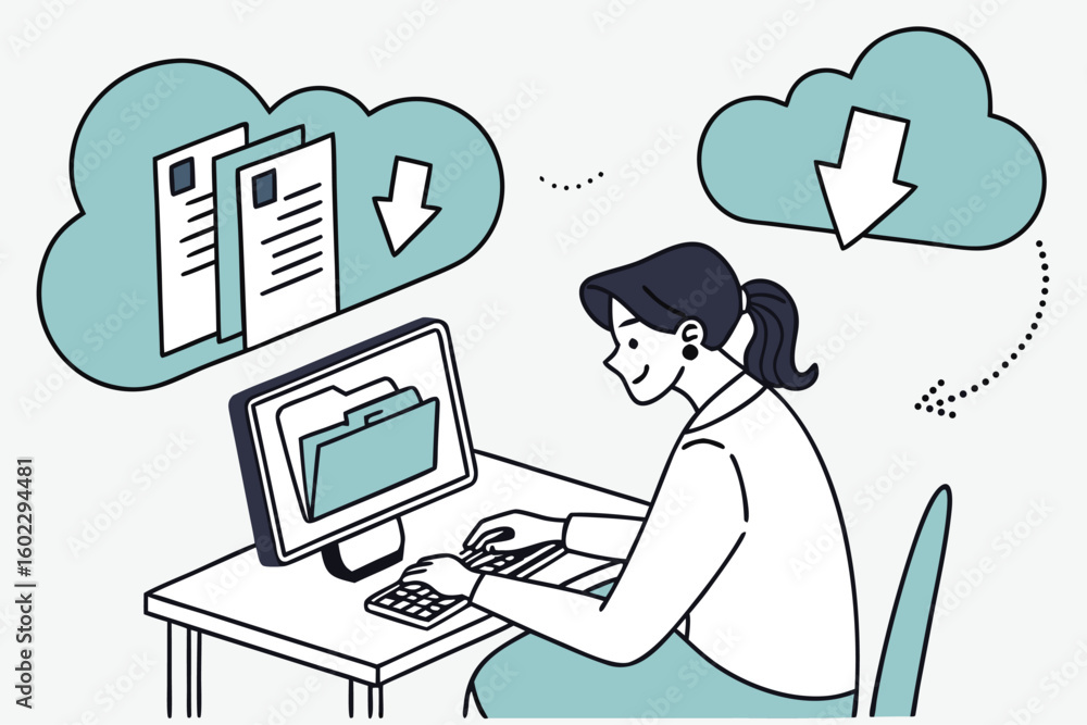 Poster woman working on a computer to organize files and download documents from cloud storage while sittin
