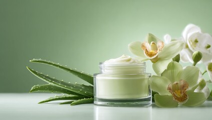 Light green skincare jar with orchids and aloe