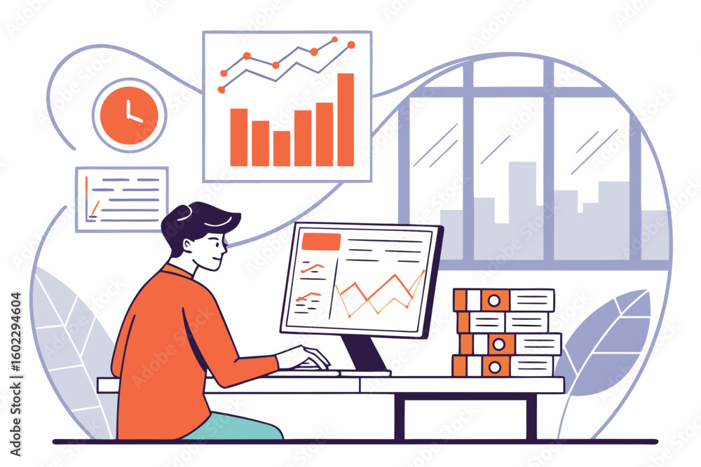 Poster business professional working at a desk with graphs and reports during the daytime in a modern offic