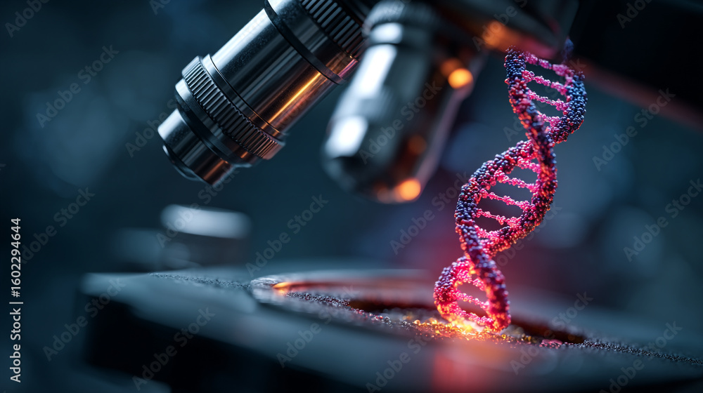 Poster close up of a microscope examining a dna strand with red and blue coloring in a dark setting