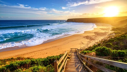 Coastal serenity at sunset, a wooden boardwalk leading to a tranquil beach scene