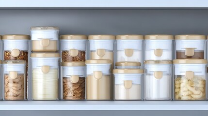 Organized pantry, food storage, kitchen shelf, containers, background, cooking