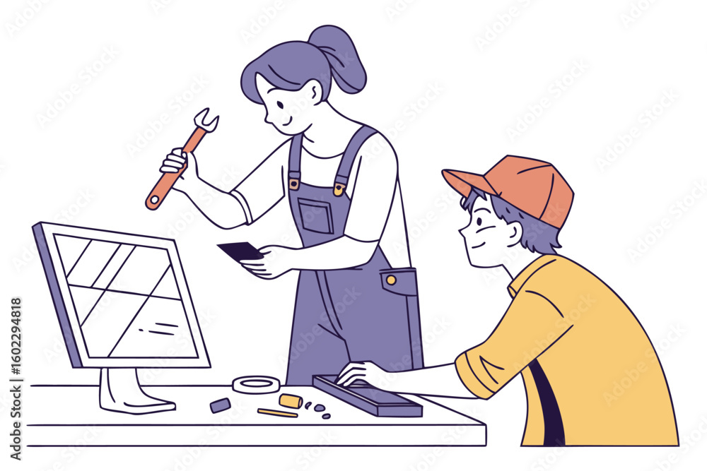 Aufkleber team working on computer repair with tools in a modern workspace focused on technology and collabora