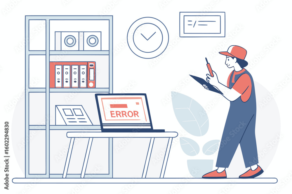 Poster technician diagnosing a computer error in a modern office space during working hours