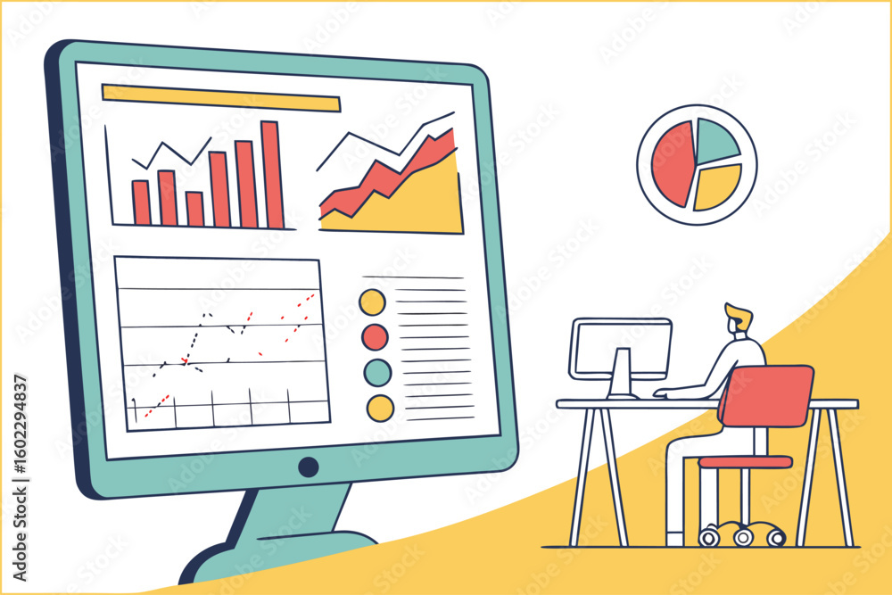 Poster person working on computer analyzing data visualizations and graphs in a bright workspace with color