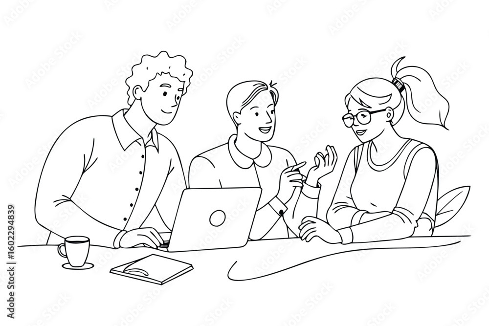 Poster group of three individuals engaged in a collaborative discussion around a laptop in a modern workspa