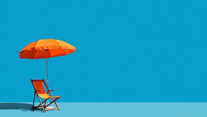 Orange beach chair & umbrella on bright blue