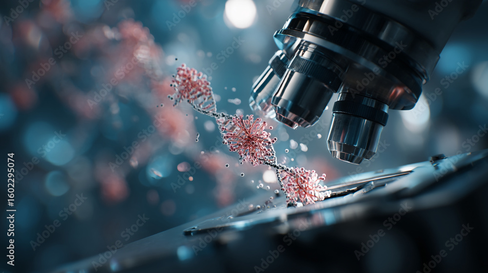 Poster microscope examining a dna strand with pink virus like structures in a laboratory setting