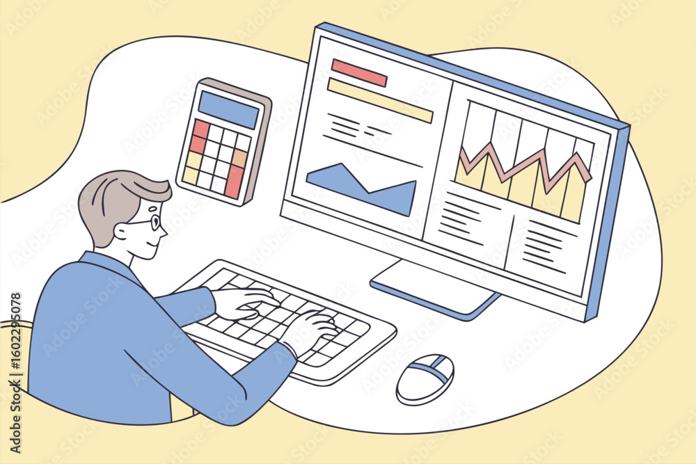 Poster person working on a computer analyzing data with charts and graphs, engaged in task in a minimalist,