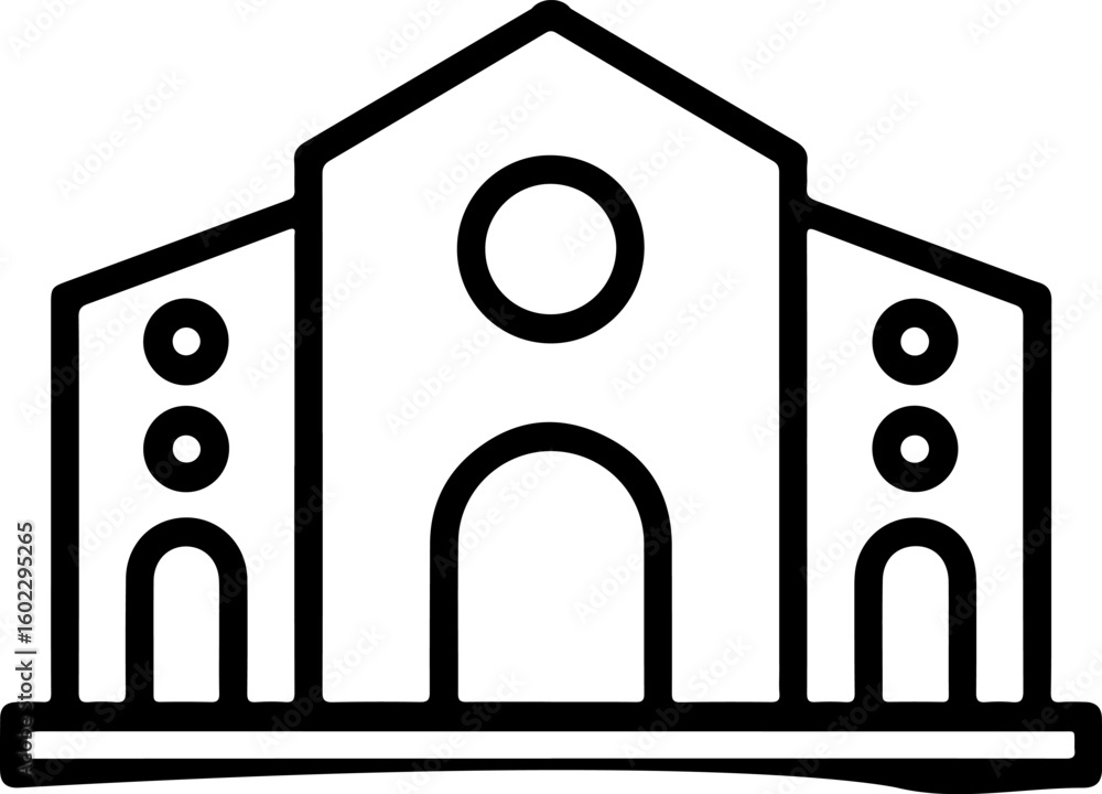Poster simple outline icon of a large building with arched entrance and circular window