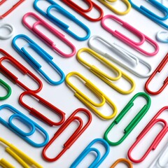 Colorful paperclips arranged on white background